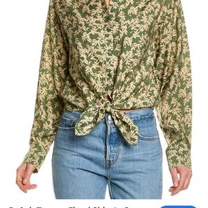 Green and Cream Women's Floral Tie-Front Blouse